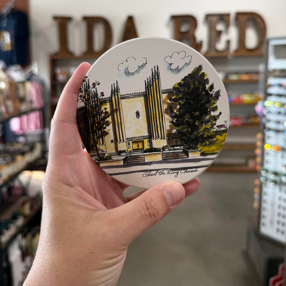 Tulsa-themed coaster with illustration of Christ the King Church, a historic Catholic parish