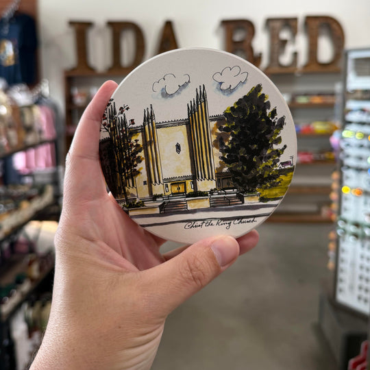 Tulsa-themed coaster with illustration of Christ the King Church, a historic Catholic parish
