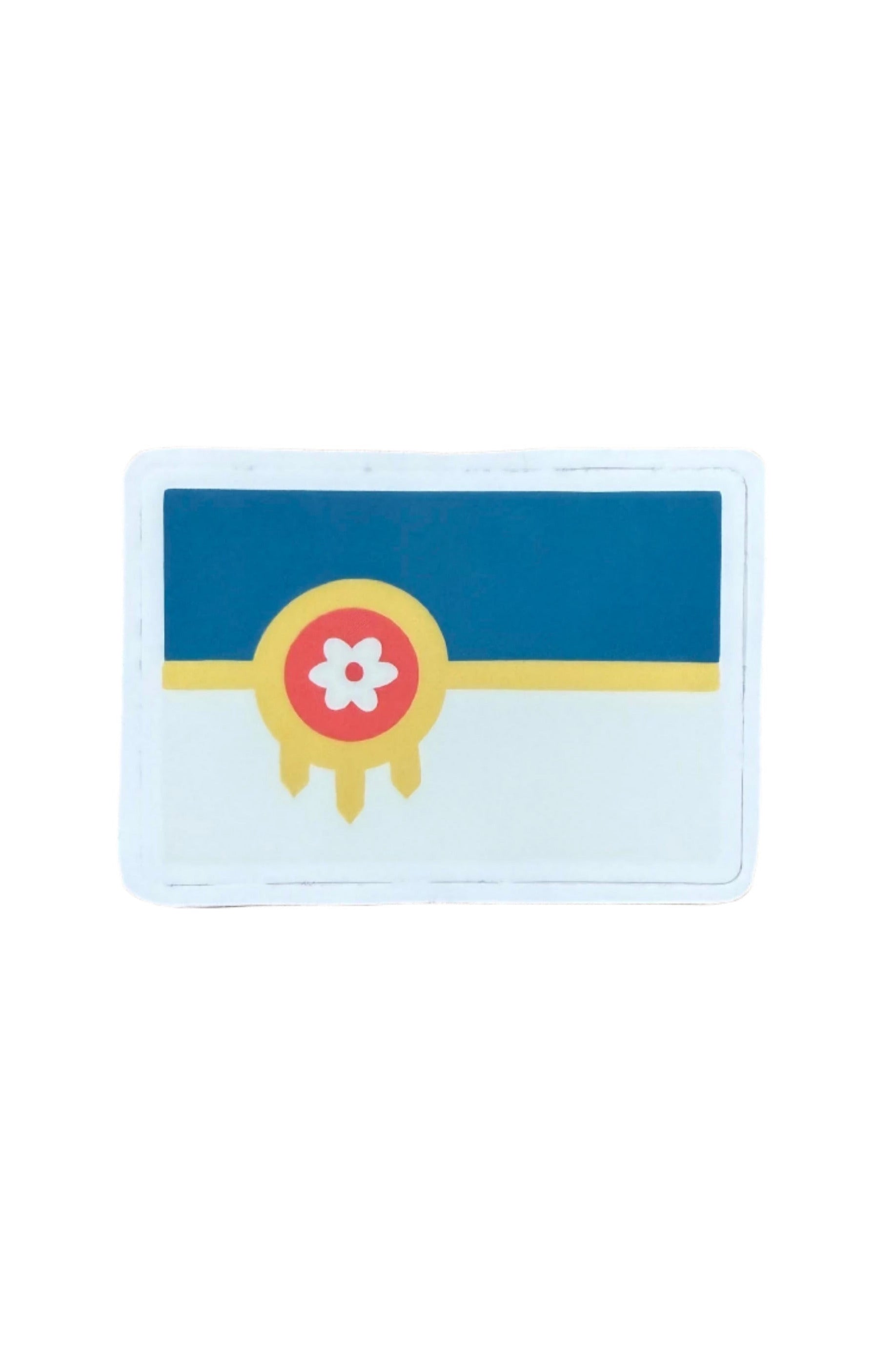 Tulsa flag sticker featuring a flower icon in the center