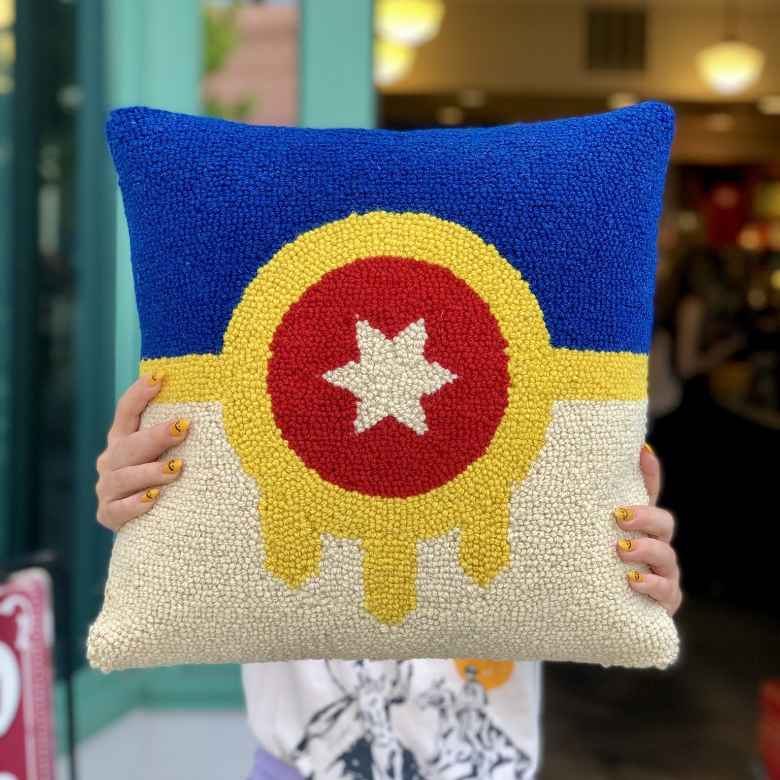 15-inch hook pillow with colorful Tulsa city flag design – handcrafted Oklahoma home décor
