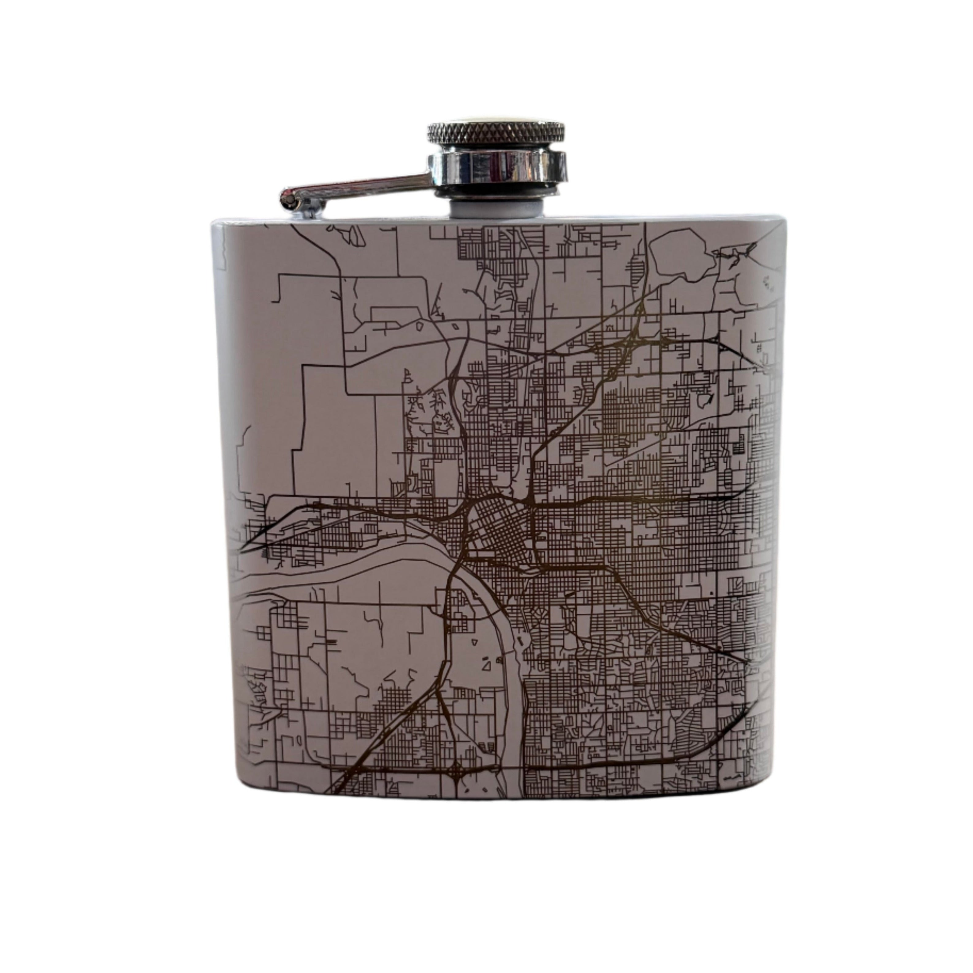 White hip flask with etched map of Tulsa, Oklahoma – minimalist souvenir with modern design