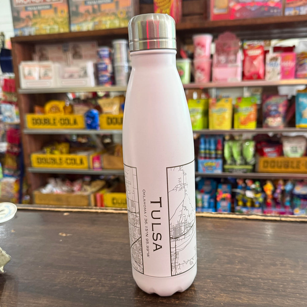Matte white Tulsa water bottle featuring etched city map and coordinates – modern Oklahoma gift