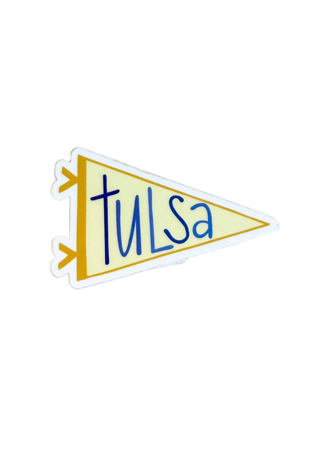 2-inch sticker with yellow pennant design and bold blue “Tulsa” text – retro Oklahoma souvenir