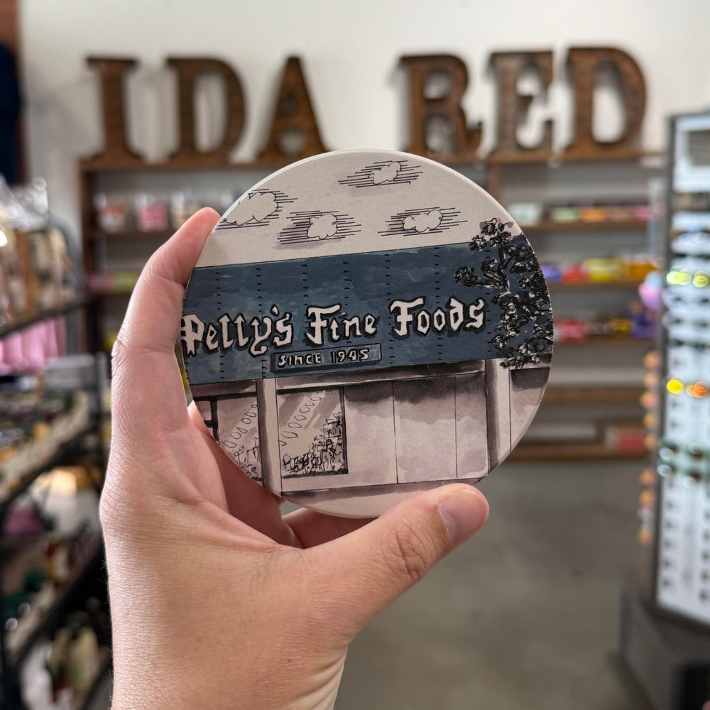 Tulsa-themed coaster with retro artwork of Petty’s Fine Foods, a longtime upscale grocery store