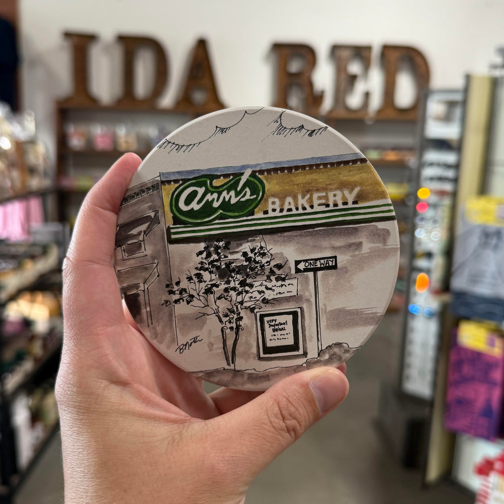 Tulsa souvenir coaster of Ann’s Bakery, a longtime Cherry Street favorite for cakes and pastries