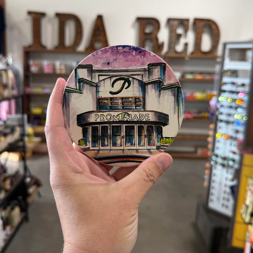 Vintage-inspired coaster of Promenade Mall in Tulsa, Oklahoma with nostalgic mall-themed artwork
