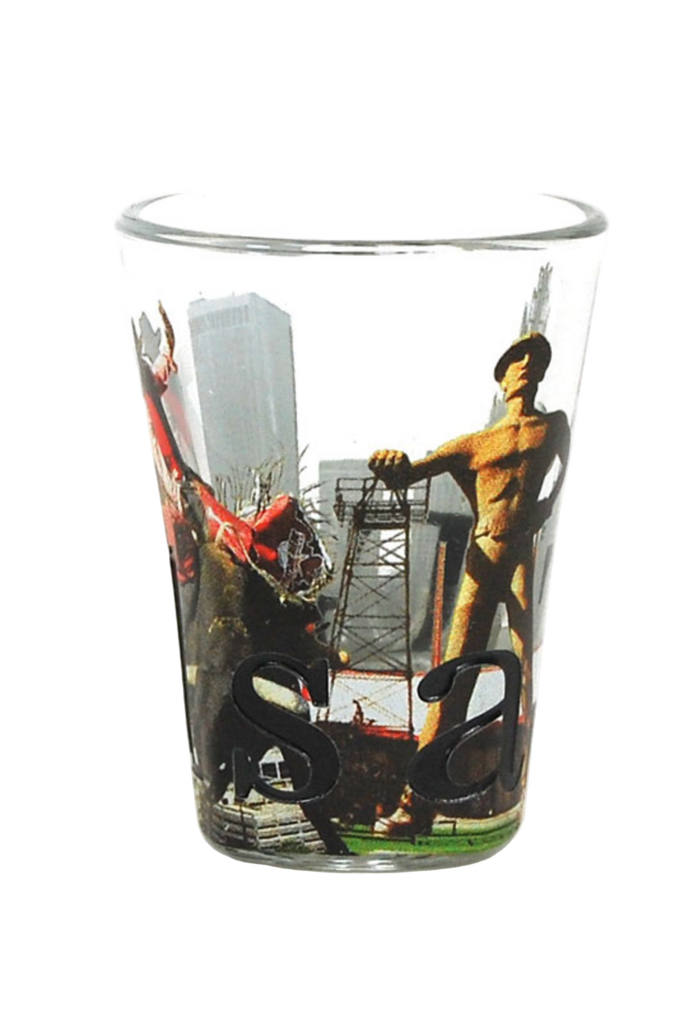 Tulsa shot glass with skyline and cowboy rider design side view