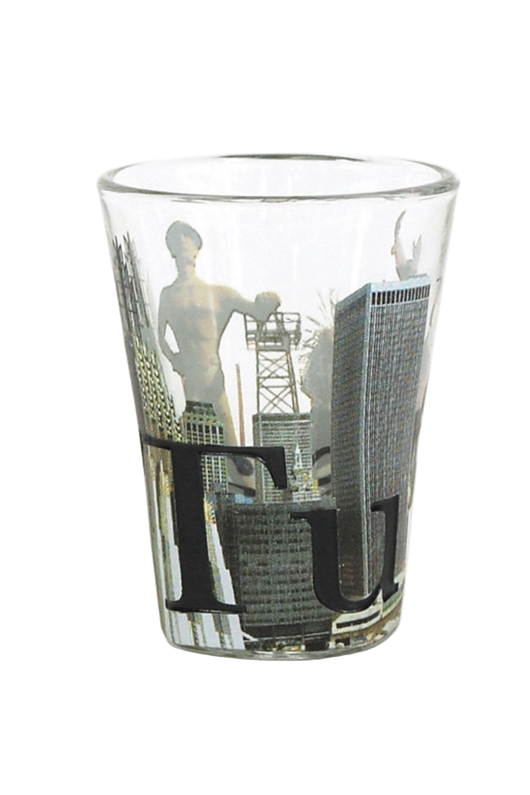 Tulsa shot glass featuring skyline and Golden Driller statue front view