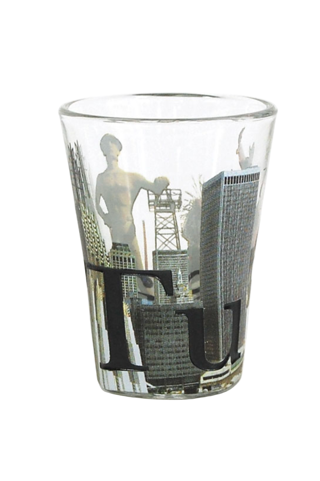 Tulsa shot glass featuring skyline and Golden Driller statue front view
