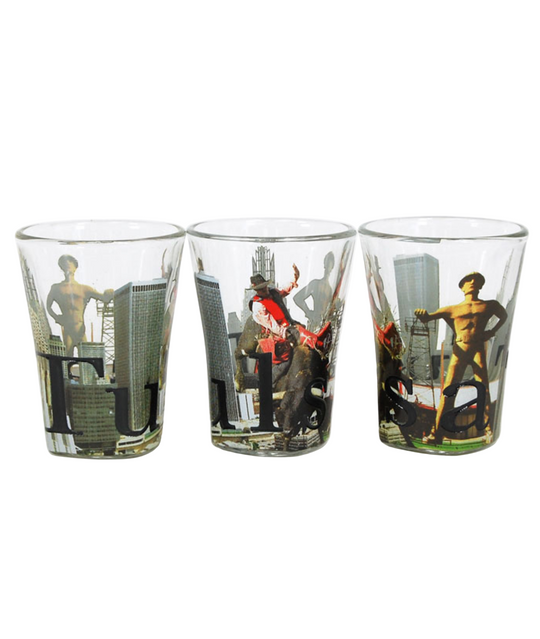 Tulsa shot glass showing skyline and Golden Driller statue side view