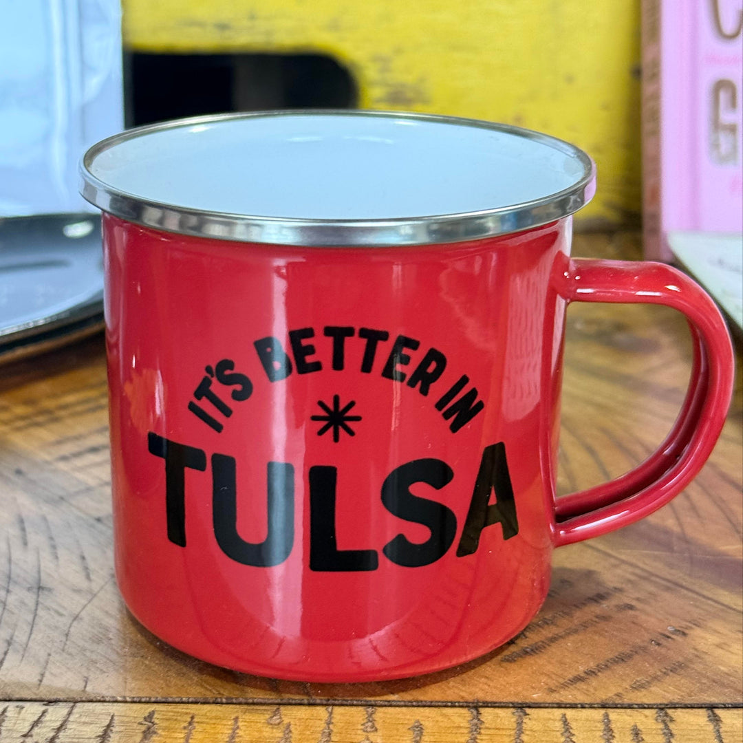 Tulsa-themed camping mug – unique red metal coffee mug gift