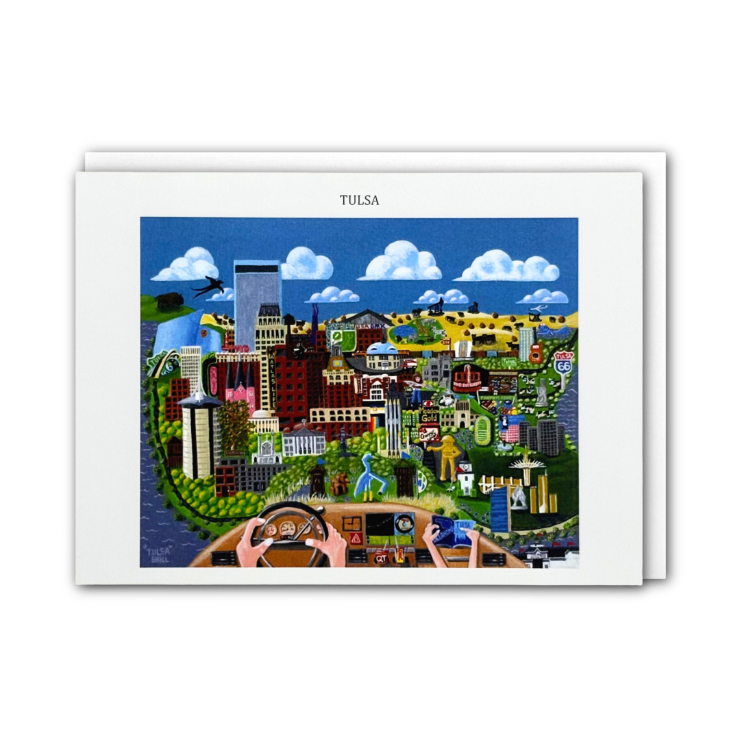 A card featuring a colorful illustrated cityscape labeled 'TULSA' at the top, with a white border, paired with a white envelope.