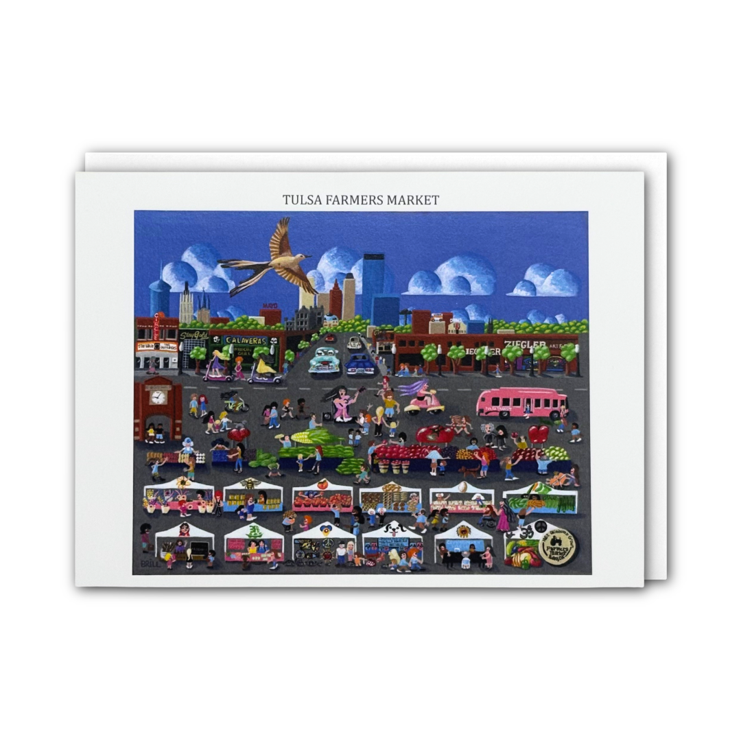 A card featuring a colorful illustrated scene labeled 'TULSA FARMERS MARKET,' with a white border, on top of a matching white envelope.