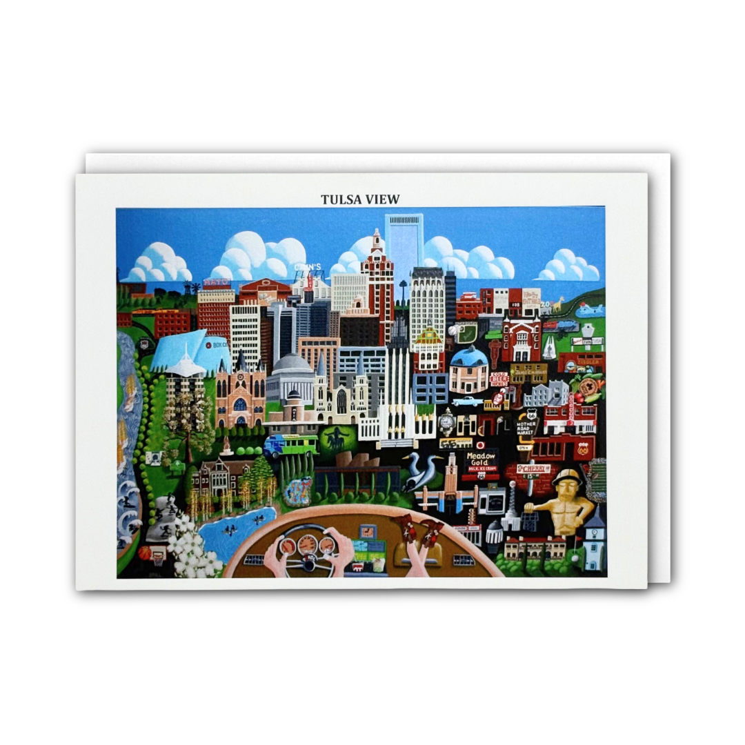 A square art print titled 'TULSA VIEW' showing a colorful stylized cityscape with buildings, clouds, water, and figures, displayed against a white background with a white envelope. 