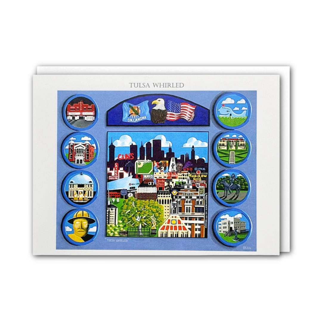 A card titled 'TULSA WHIRLED' showing a colorful illustrated cityscape with circular cityscape vignettes around a central skyline panel, photographed against a plain white background.