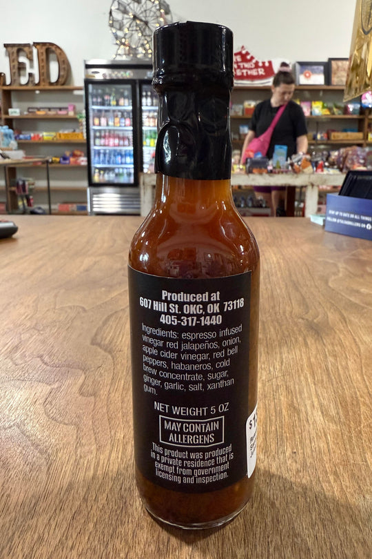 Jitter Juice Hot Sauce with espresso flavor — small-batch Oklahoma gourmet condiment
