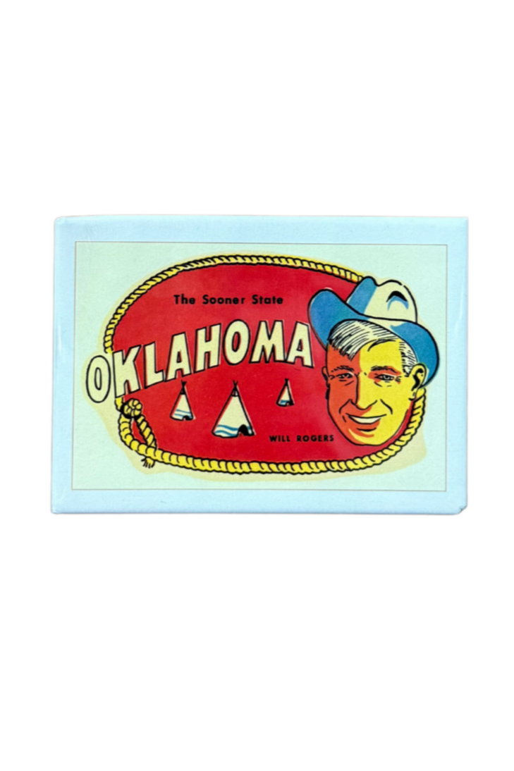 Vintage-style Oklahoma fridge magnet with Will Rogers portrait, teepees, and rope border – retro souvenir design