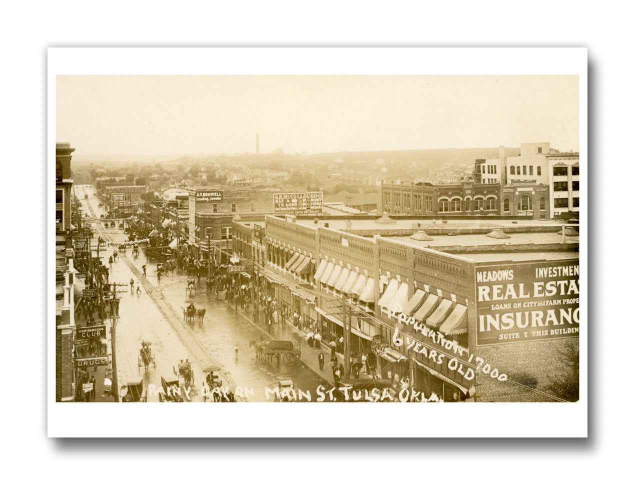 Matte finish magnet featuring a sepia-toned image of Main Street in Tulsa around 1920.