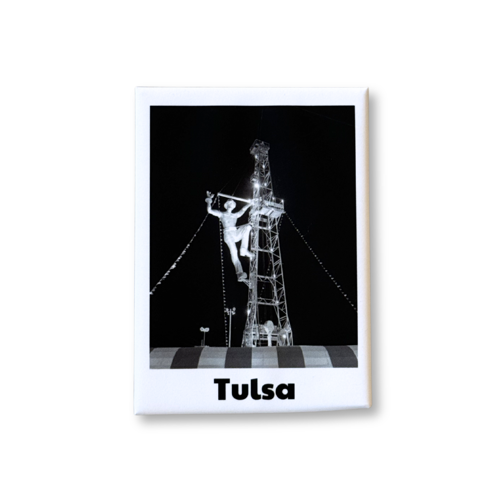 Matte finish magnet featuring a black and white photo of the Golden Driller from the 1959 Oil Expo with “Tulsa” text below.