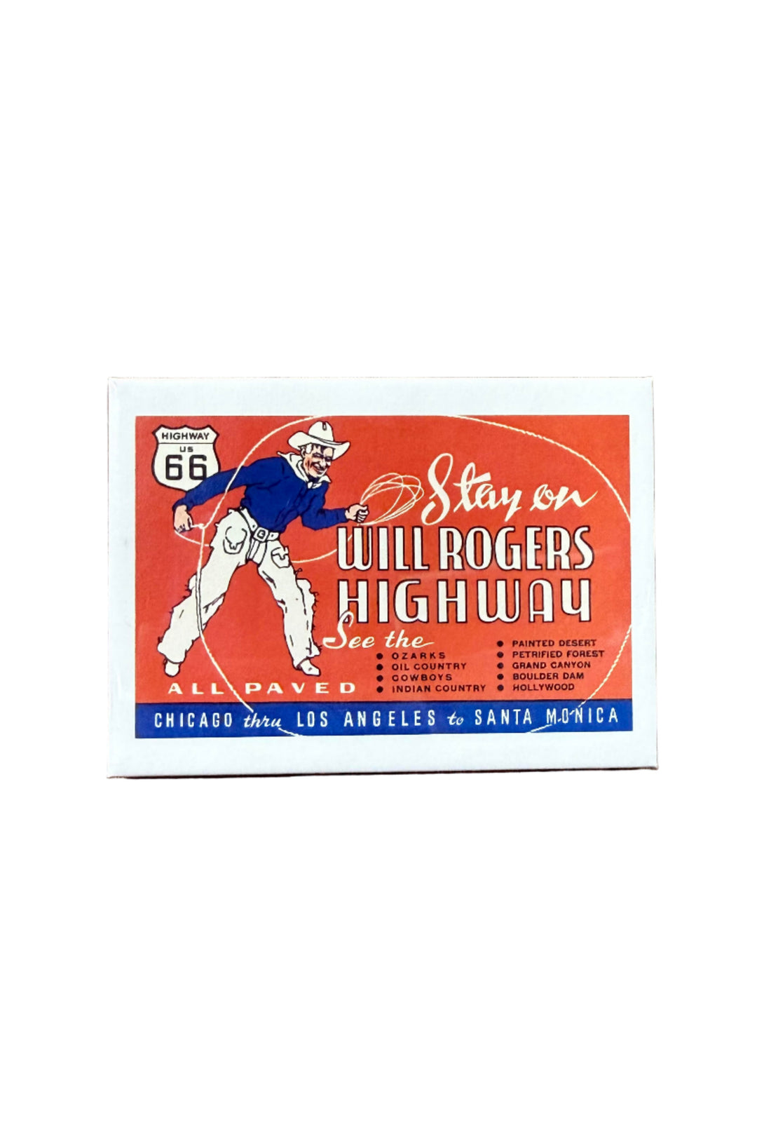 Vintage-style Will Rogers Highway Route 66 magnet featuring cowboy artwork and retro travel design