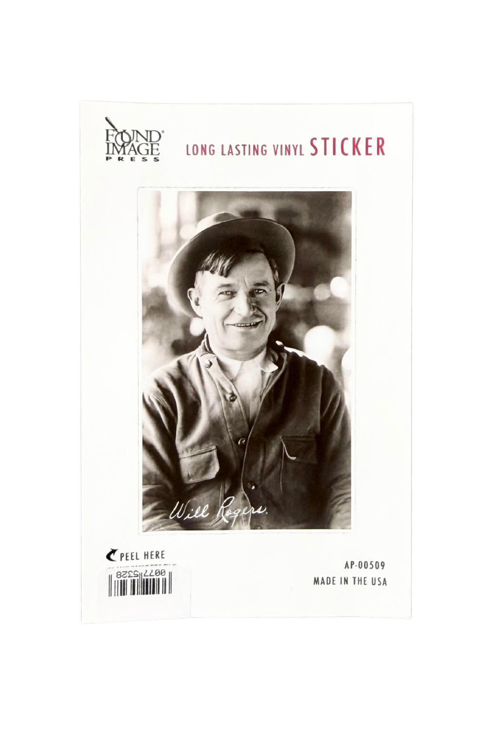 Black and white Will Rogers portrait sticker – durable vinyl decal of a classic Oklahoma figure