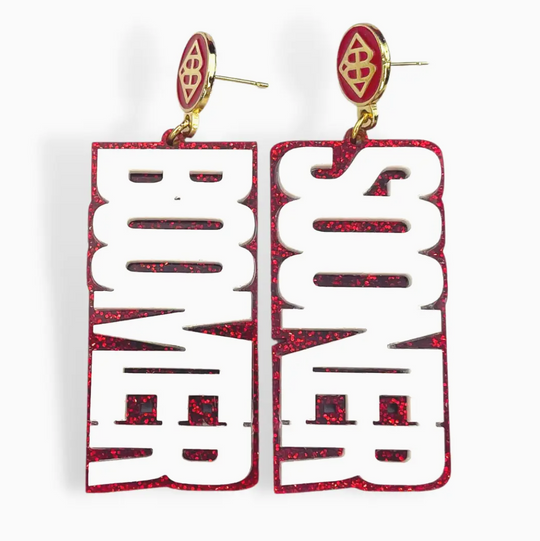 OU Glitter Boomer Sooner Earrings - White and Crimson