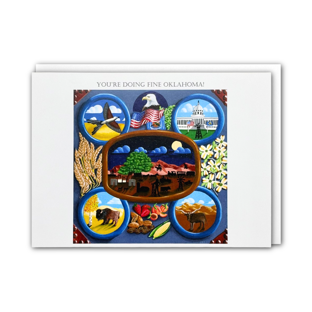 A greeting card with a white border and colorful illustrated design featuring Oklahoma-themed imagery, including an eagle, capitol building, bison, wheat, flowers, and a central landscape scene. The text at the top reads 'YOU'RE DOING FINE OKLAHOMA!'.