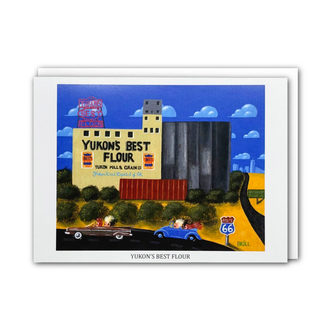A card featuring a colorful illustration of a vintage wheat mill scene with the text 'YUKON'S BEST FLOUR' and a Route 66 sign, shown against a plain white background.