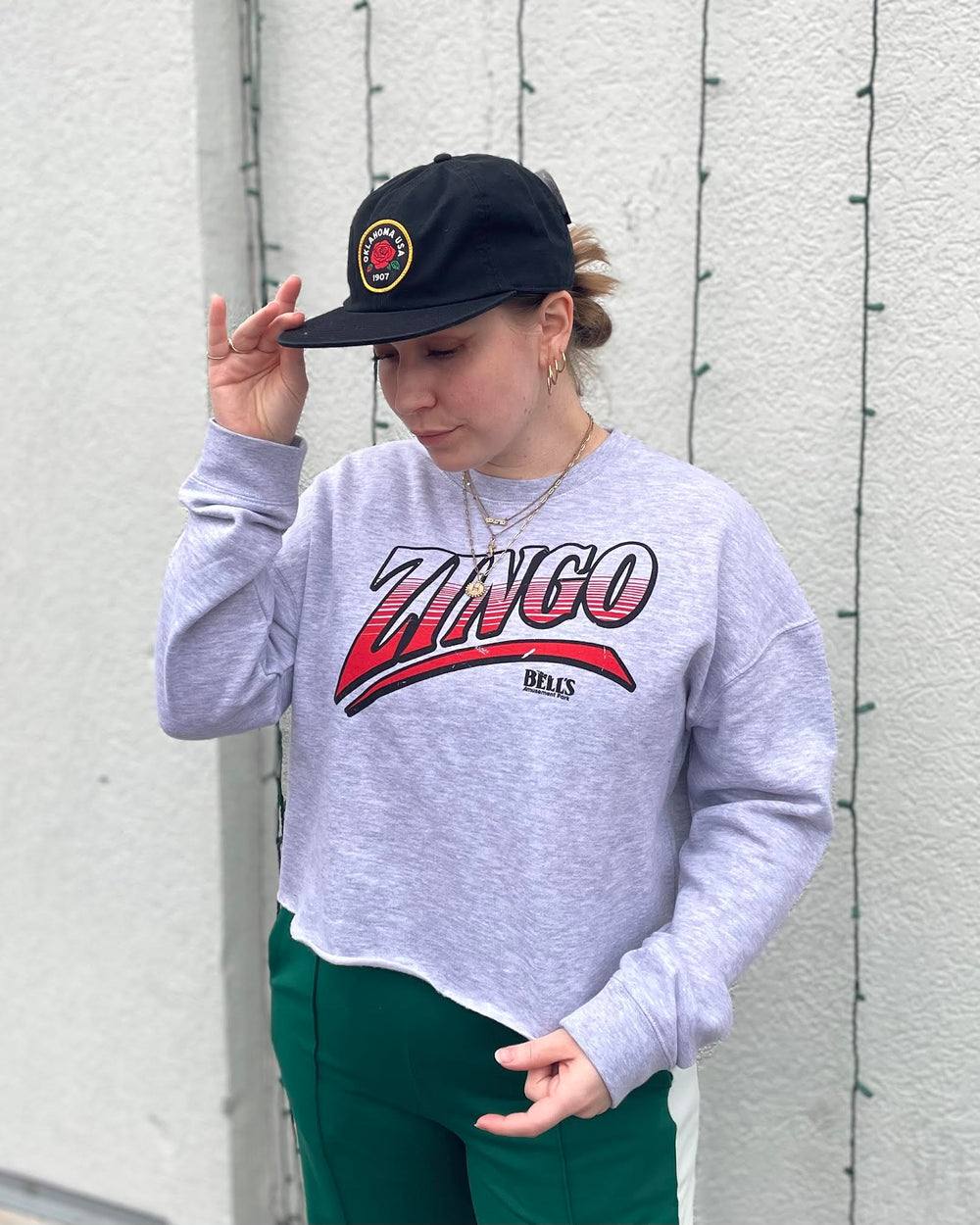 Zingo cropped sweatshirt in grey, featuring iconic Tulsa amusement park roller coaster logo
