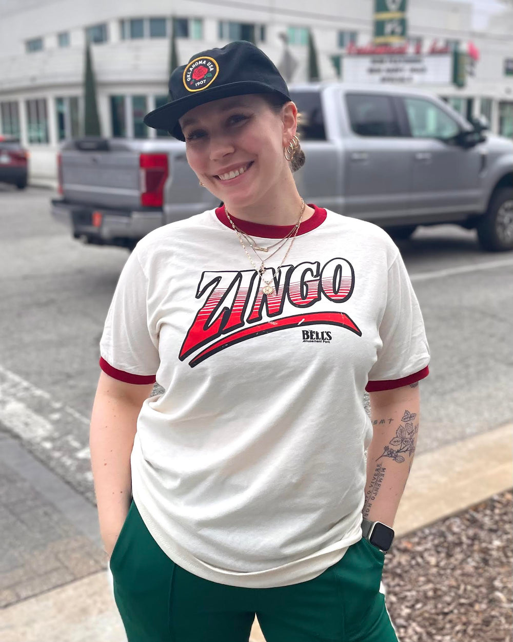 Classic Tulsa Zingo ringer t-shirt with retro design, perfect for amusement park fans